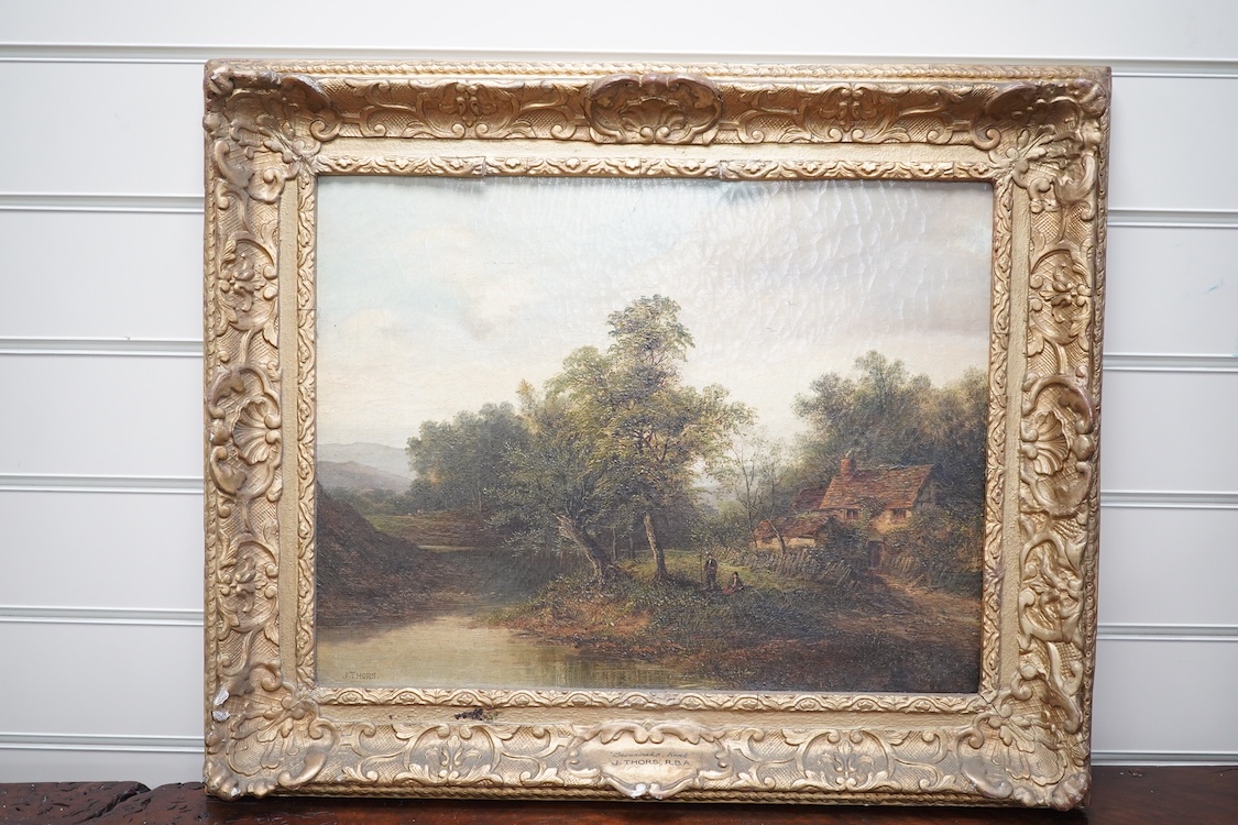 After Joseph Thors RBA, oil on canvas, 'The Cottage by the river, Sevenoaks, Kent', 34 x 44cm. Condition - some losses to frame